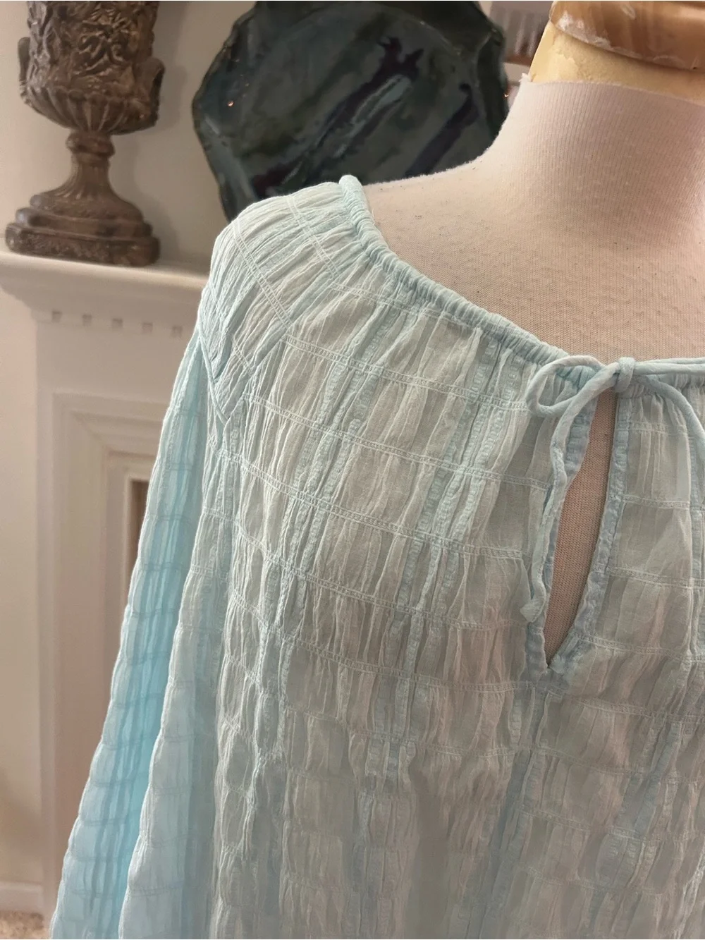NWT J. Crew Light Aqua Tie-Front Seersucker Popover